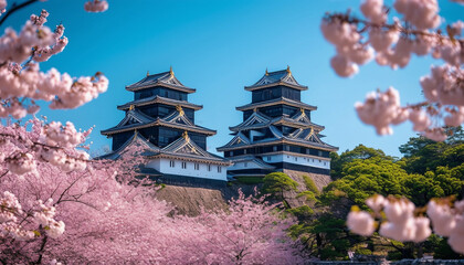 A majestic view of a traditional Japanese castle framed by blooming cherry blossom trees