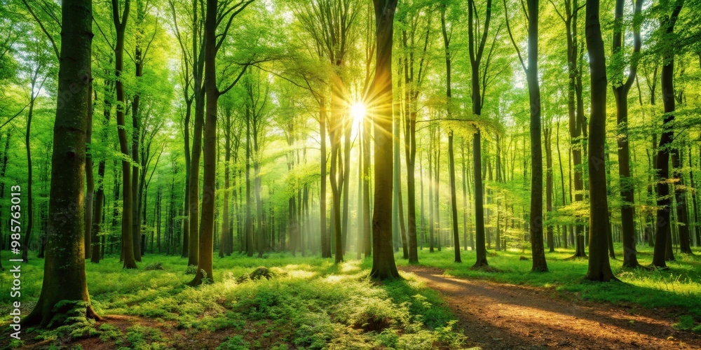 Poster scenic forest with fresh green deciduous trees and warm sunlight filtering through leaves