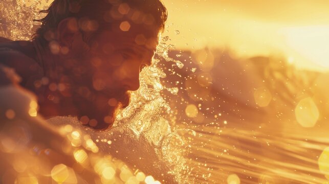 Determined Surfer Riding Waves at Sunrise with Splashing Golden Light and Mustache Visibility