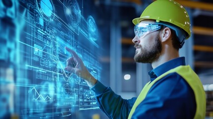 Industrial Innovation: A focused engineer in a hard hat and safety glasses interacts with a holographic interface, showcasing the convergence of technology and manufacturing.  