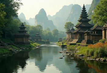 Fototapeta premium Traditional Chinese Pagodas by Calm River with Karst Formations