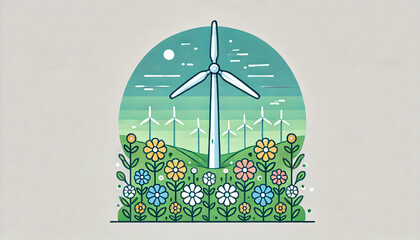 Wind Turbines and Flower Meadow Illustrating Clean Energy Concept