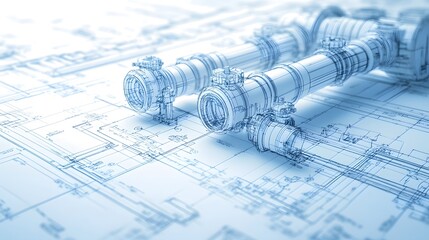 Blueprint of industrial piping system components.