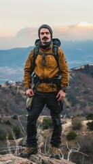 Adventurous Man in Hiking Gear Standing on Mountain Summit at Sunset for Travel and Outdoor Posters