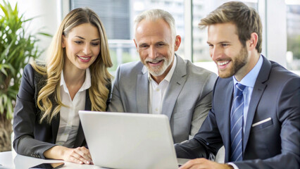 Fototapeta premium Three professionals gather around a laptop in a bright, modern office environment and look at the screen with smiles. An atmosphere of cooperation and positivity. AI generated.