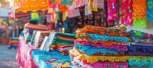 Vibrant Handmade Papel Picado Banners at a Mexican Festival Market Stall - Perfect for Festive Decorations