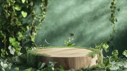 Obraz premium A natural wooden platform surrounded by lush greenery, perfect for showcasing products or nature-themed designs.