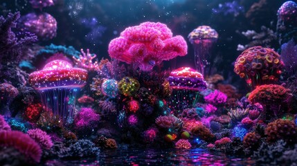Fototapeta premium An awe-inspiring coral reef, filled with glowing, colorful corals and thriving marine life, creates a surreal and enchanting underwater scene.