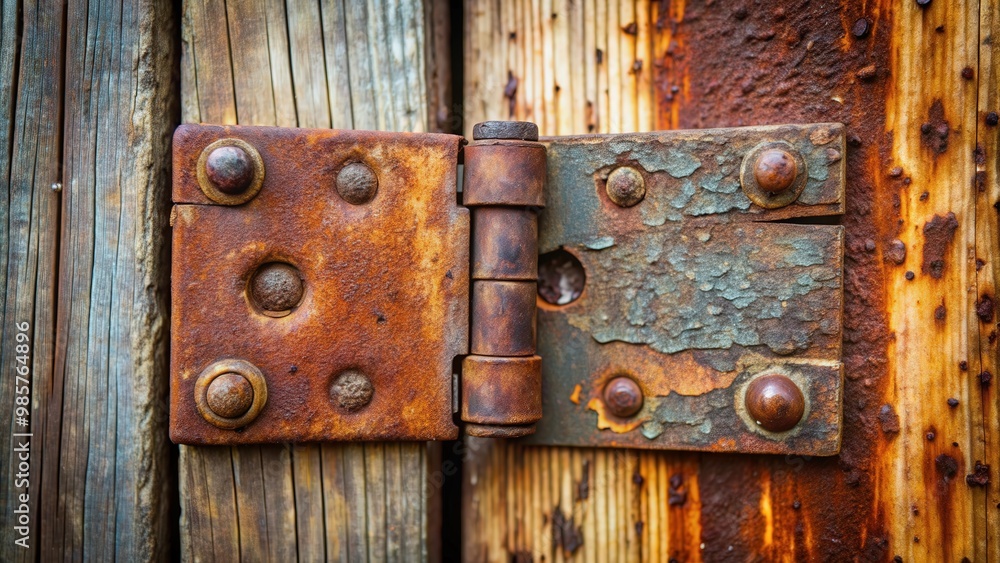 Poster close up of an old and rusted hinge, showing signs of wear and decay