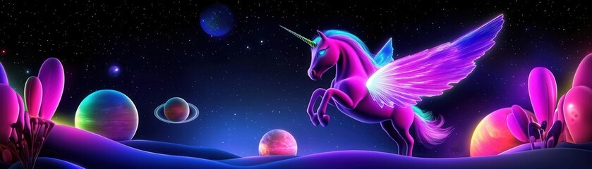 Fototapeta premium A unicorn with wings of shimmering holographic light, galloping across a futuristic landscape under glowing planets, Fantasy, Holographic, Neon Purple, 3D Render