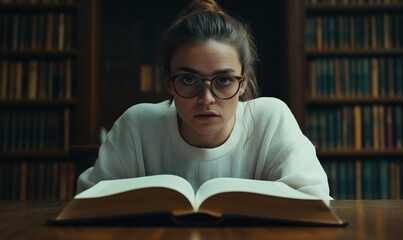 A young woman focuses on a library table with an open book in front of her,