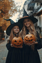 Mother and her daughter dressed as witches holding Halloween pumpkins in the town street during celebration. Concept of family Halloween tradition, togetherness and joy.
