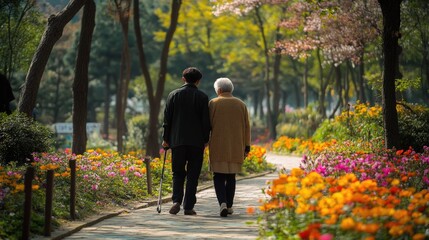Obraz premium Couple Walking Through Blooming Flower Garden Path