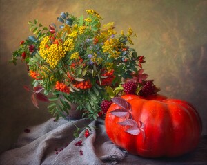 Still life with autumn bouquet and pumpkin