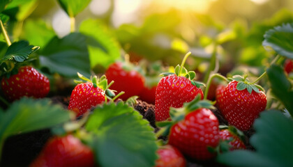 A close-up of ripe strawberries growing in a garden, nestled among green leaves and stems