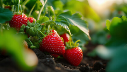A close-up of ripe strawberries growing in a garden, nestled among green leaves and stems