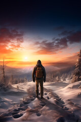 Obraz premium Male hiker alone standing on snowy ground in winter countryside with snow covered spruce trees, mountains in the background and setting sun. Orange, blue, gray and white colors.
