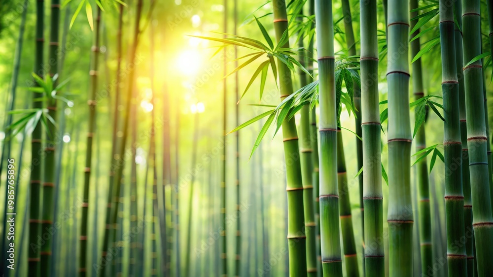Aufkleber Fresh bamboo trees in a lush forest setting with a blurred background