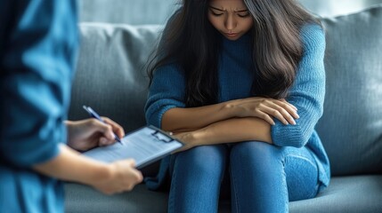 Depressed Woman in Therapy Session with Therapist Taking Notes