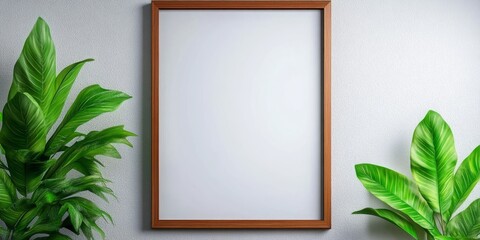 A minimalist poster mockup with a brown frame hanging on a white wall, flanked by lush green plants.