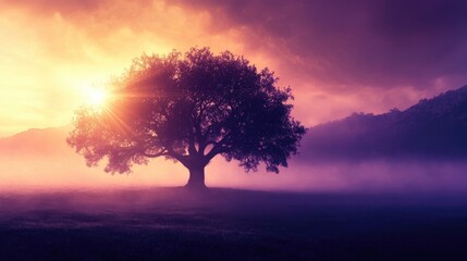 Obraz premium Stunning silhouette of a majestic tree with radiant golden and purple sunrise rays beaming from behind, set against a misty, realistic landscape