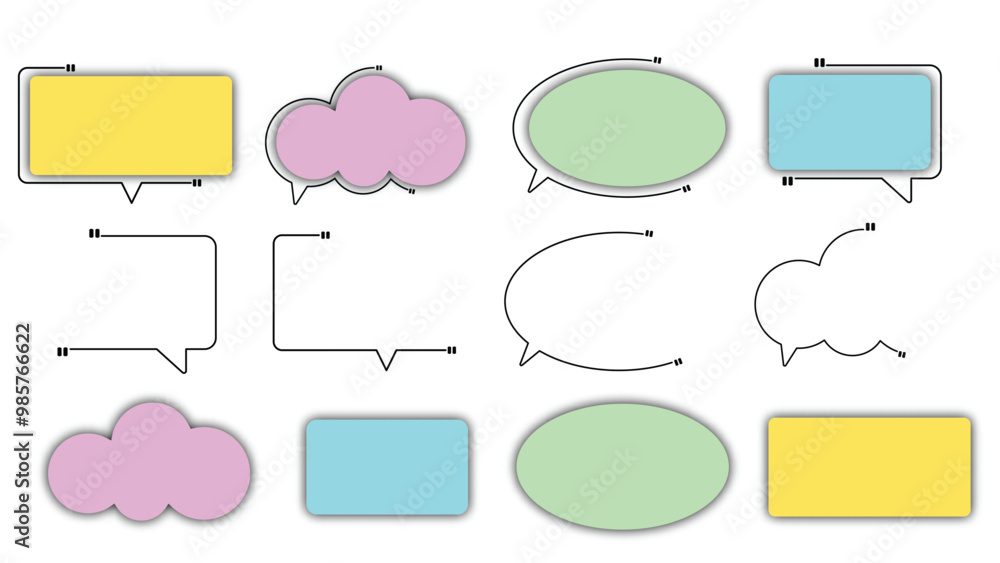 Poster Colorful speech bubbles with placeholder text, ideal for design projects and presentations. variety of shapes and colors adds playful touch to any layout.