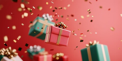 Obraz premium dynamic and playful scene featuring several holiday gifts flying around against a bright red wall gifts are wrapped in festive red, gold, and green paper, foil confetti