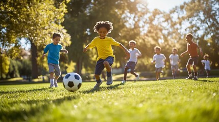 Naklejka premium A group of children playing football in a sunny park