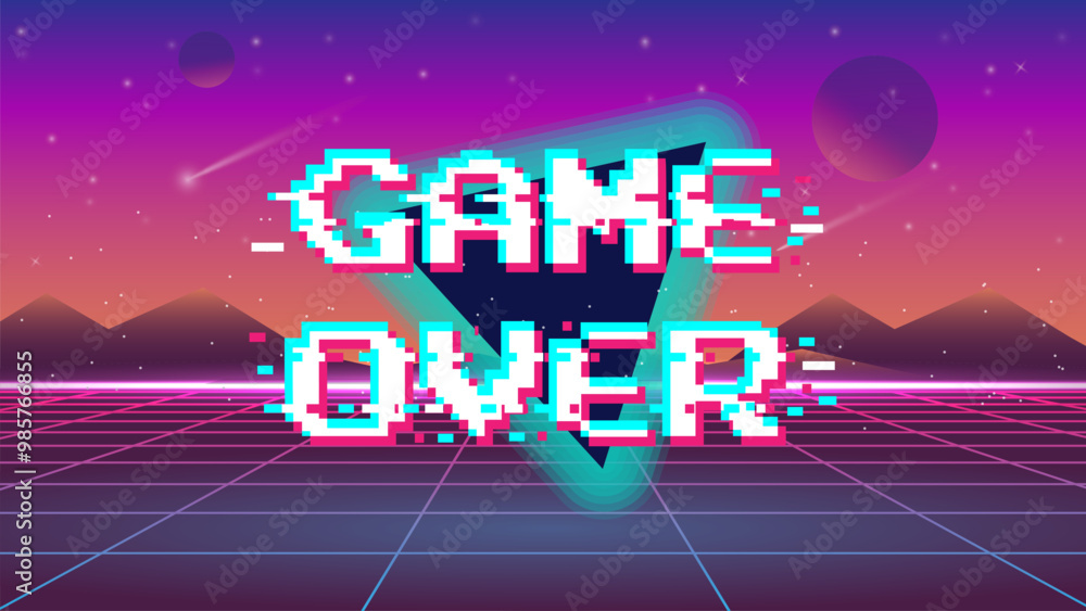 Poster game over screen. pixel video games 8-bit play interface old console monitor. retro arcade gaming ma