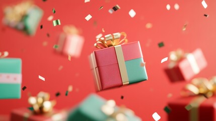 Obraz premium dynamic and playful scene featuring several holiday gifts flying around against a bright red wall gifts are wrapped in festive red, gold, and green paper, foil confetti
