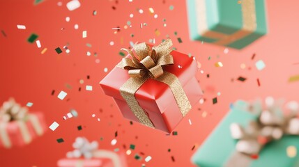 Obraz premium dynamic and playful scene featuring several holiday gifts flying around against a bright red wall gifts are wrapped in festive red, gold, and green paper, foil confetti