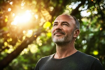 A mature man with a faint smile, outdoors creating a peaceful and serene atmosphere.