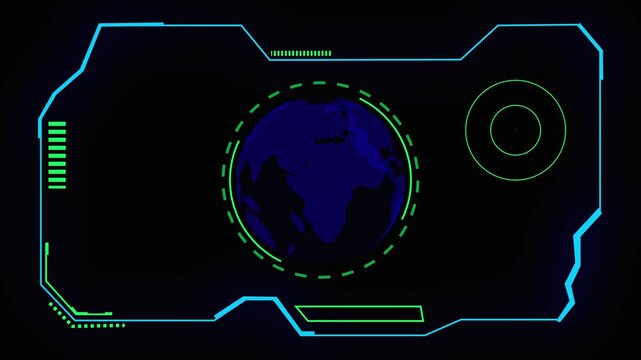 glowing green color HUD animation in world map blue color . HUD GUI text number graph element for digital technology concept . 3D