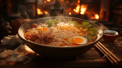 Savor the Heat: Steaming Ramen Bowl on Wooden Dining Surface