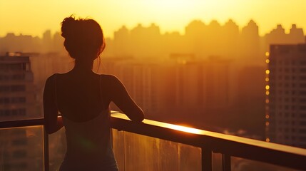 Confident Woman Standing on a Luxurious Balcony.