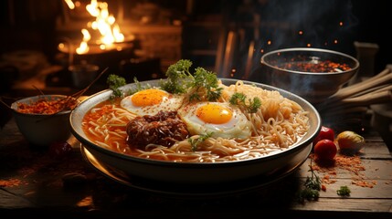 Savory and Steaming Ramen Presented on Classic Wooden Table