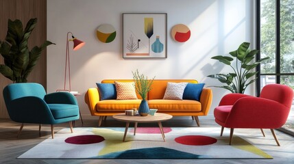 Mid century, scandinavian interior design of modern living room with colorful multicolored furniture