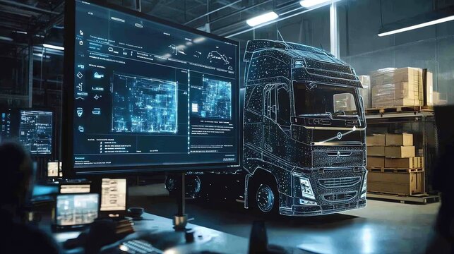 A semi-truck is displayed in a warehouse, with a digital overlay, in front of a large computer screen