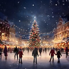 Obraz premium Ice Skating Rink in a Snowy Town Square