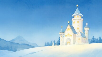 Obraz premium Fantasy ice castle glowing with Christmas lights, surrounded by twinkling stars, watercolor style