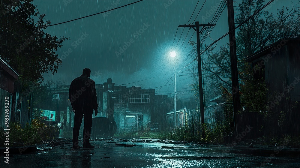 Canvas Prints Rainy Night in the City: A Lonely Figure Walks Through a Dark Alley