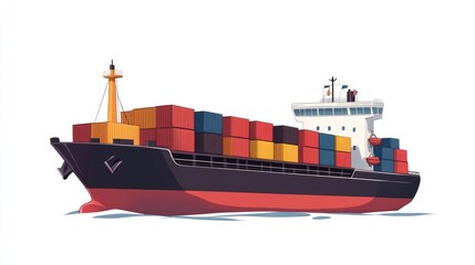 Container ship cartoon illustration against a white background designed in a 2D style 2d format