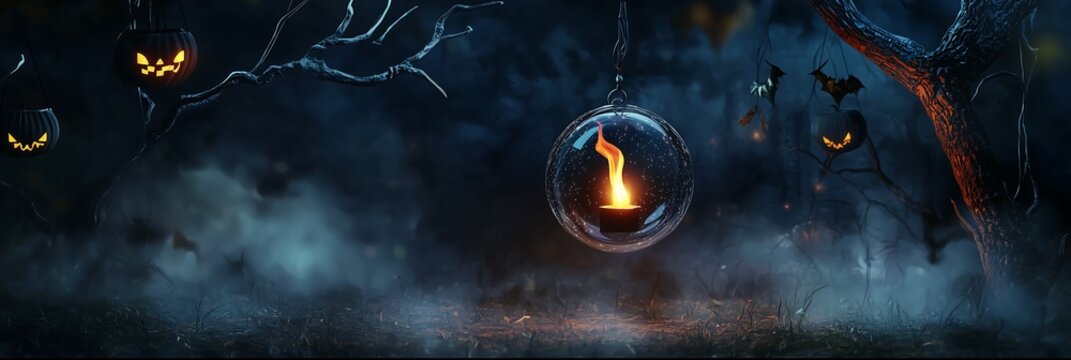 A Fiery Orb Dangling from a Chain, Igniting the Dark and Foggy Atmosphere. 鎖からぶら下がる炎の球体、暗く霧のかかった大気を燃え上がらせる.Generative AI