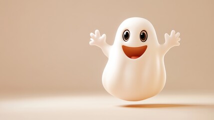 Playful ghost making boo gesture on neutral background