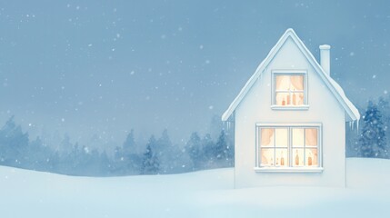 Naklejka premium Frosty window with glowing candles inside, snowflakes drifting down outside, cozy night scene, watercolor