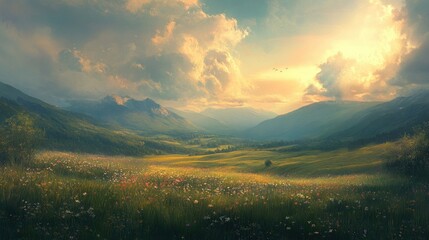 Obraz premium A Field of Wildflowers at Sunset with a View of Mountain Ranges