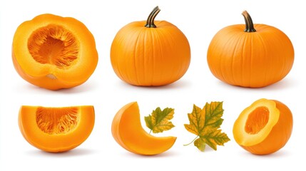 Pumpkin Collection Whole and Half with Leaves Isolated on White Background