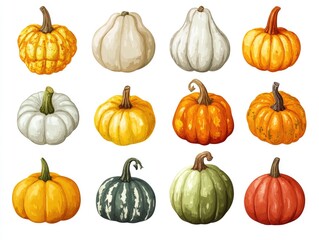 Colorful Collection of Decorative Pumpkins and Squash