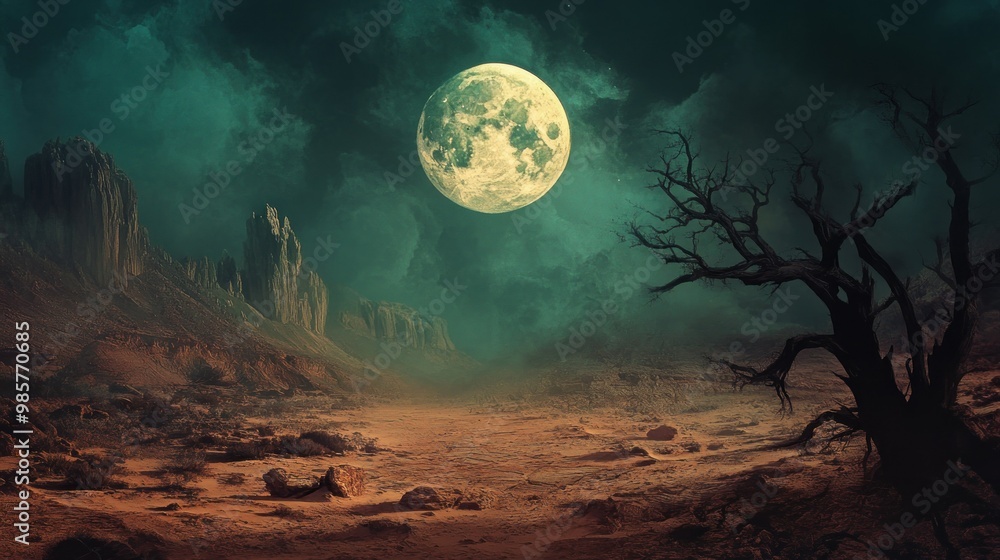 Poster A desolate alien landscape illuminated by a full moon