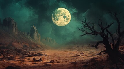 Fototapeta premium A desolate alien landscape illuminated by a full moon